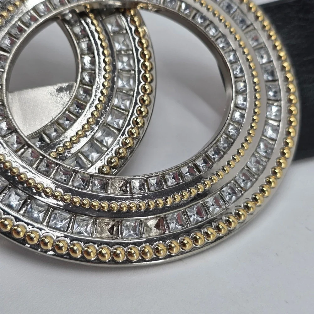 Chico's Belt Glitzy Rhinestones Black Leather Hook Silver Gold Circle Buckle M/L